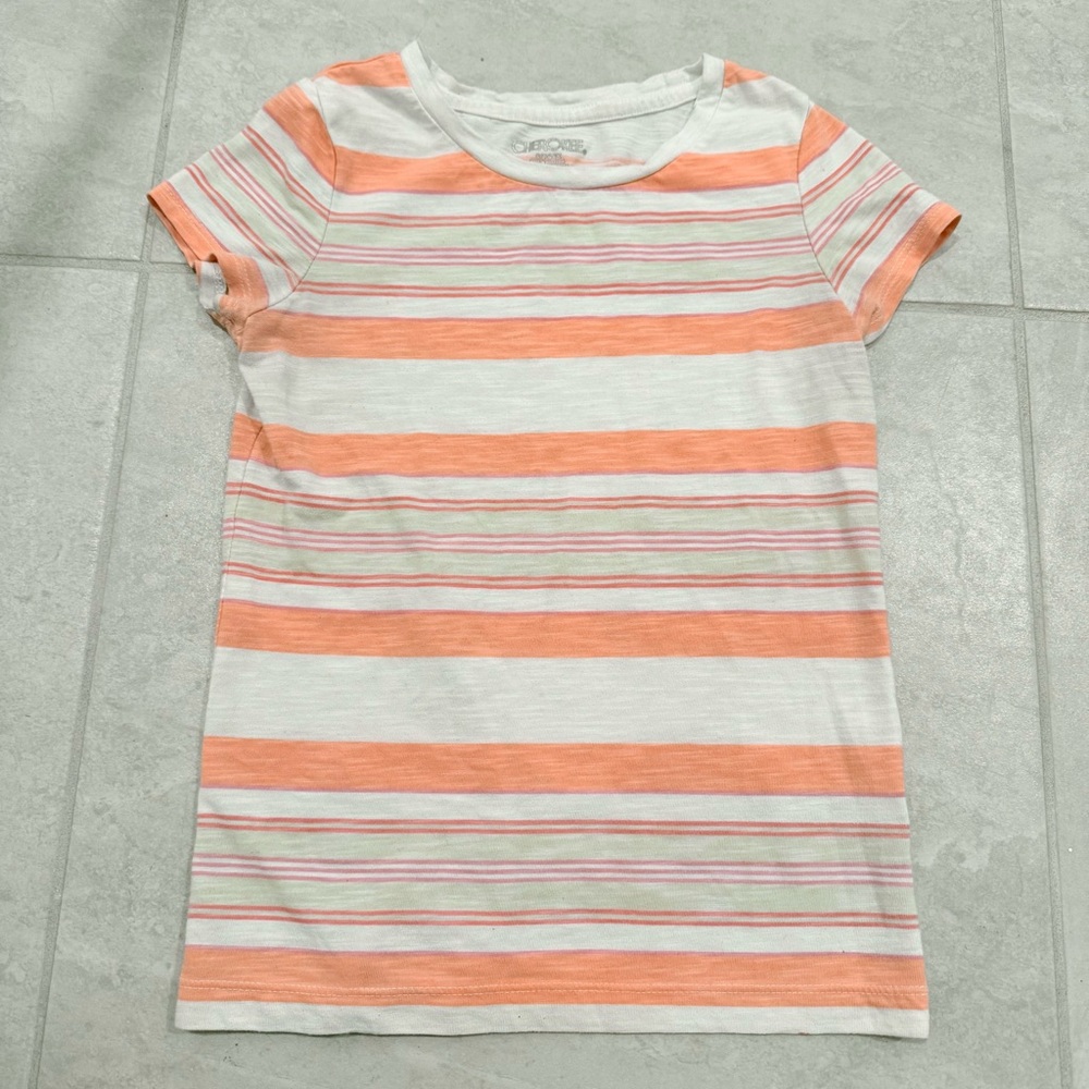 Striped Kids Girls 6-6x Neon Orange Green Pink and White T-Shirt Top